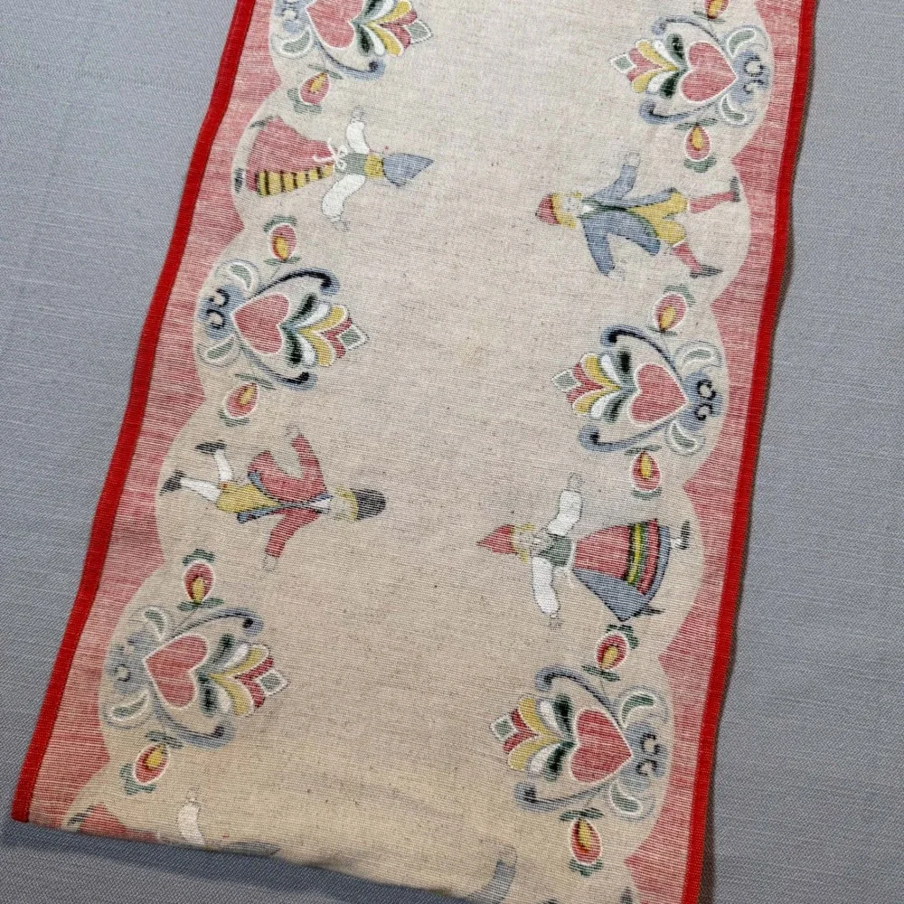 Vintage Scandinavian Folk Art Table Runner Red Scalloped Edge Linen Cotton 53